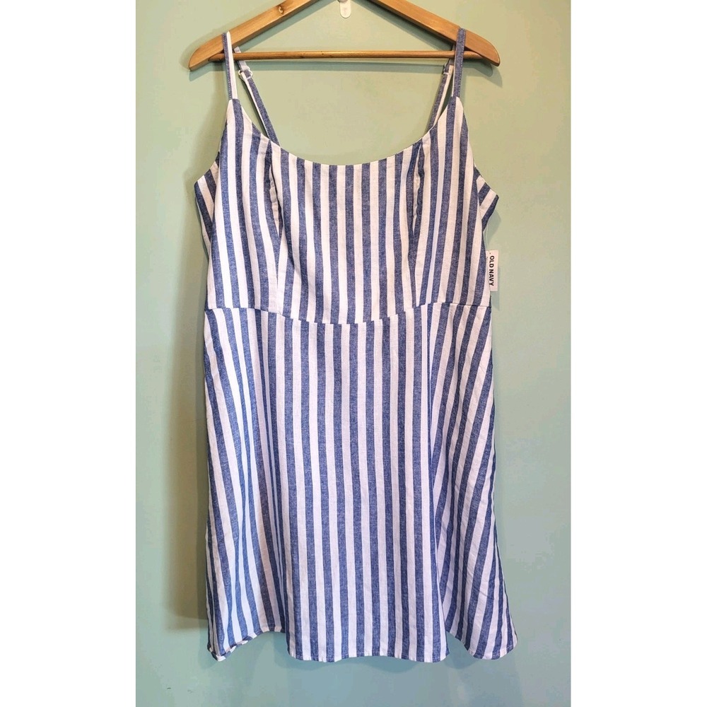 New Old Navy Blue White Stripe Coastal Beach Linen Blend Sleeveless Dress 2X